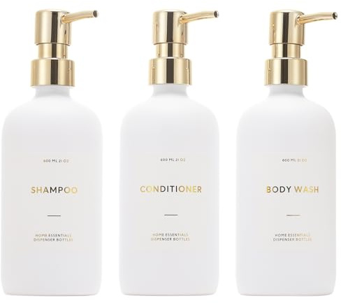 HOMCDALY Shampoo- und Conditioner-Spender, 600 ml, nachfüllbare Shampoo- und Conditioner-Flaschen, Shampoo-Behälter, Leere Shampoo-Pumpflasche, Shampoo-Pumpspender (600 ml, Weiß und Gold)