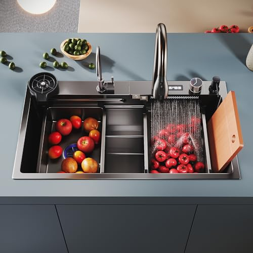 SONNI Lavello, lavello da cucina, cascata da cucina con rubinetto estraibile, indicatore di temperatura, lavastoviglie per tazze, cestello filtro dell'acqua, tagliere in acciaio inox 304, 80 x 45 x 23