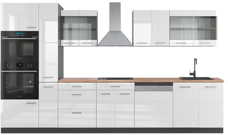 Vicco Küchenzeile R-Line, Weiß Hochglanz/Anthrazit, 350 cm mit Hochschrank, AP Eiche