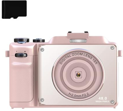 48 MP 4K-Digitalkamera, 18-facher Digitalzoom, integriertes Fülllicht, Anti-Shake, Autofokus, Dual-Kamera mit 32 GB TF-Karte (Rosa)