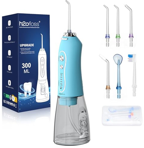 H2ofloss Idropulsore dentale portatile senza fili, 5 modalità IPX7, impermeabile, idropulsore orale ricaricabile da 300 ml, per la pulizia dei denti, blu cielo