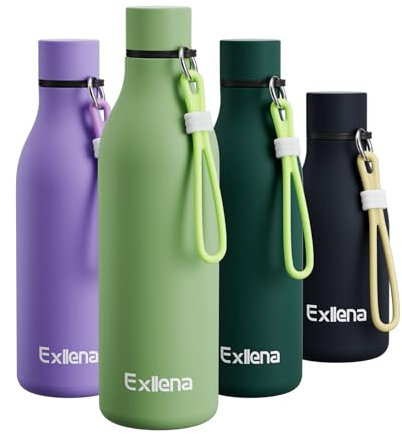 Exllena Metal Water Bottle 750ml with Silicone Strap, Double Wall Vacuum Insulated Water Bottles Keeps Drinks Cold 24 Hrs/Hot 12 Hrs, Stainless Steel Water Bottle BPA Free(Macaron Green)