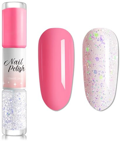 2-in-1 Pink Nail Polish & Clear Glitter Nail Polish - Dark Pink Nail Varnish Quick Dry - Sparkly Nail Polish Non-peelable - Water Base Breathable Nail Polish Nail Art No Need Bake