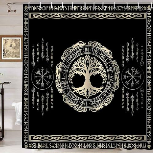 Namdeva Wikinger Duschvorhang, nordischer Yggdrasil-Baum des Lebens, Runen, Vegvisir, keltisch, skandinavisch, mittelalterlich, Mythologie, nordische Badezimmer-Dekoration, wasserdichter Stoff,