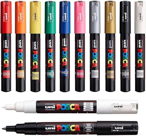 Posca - PC-1M Art Paint Marker Pens - Professional Set of 12 - Includes Extra Black and White