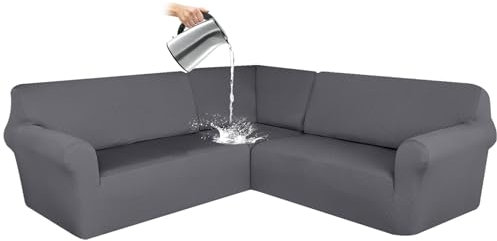 AIMENJOY L-Form Sofahusse 5/7-Sitzer Eckcouch Cover, wasserdichte Ecksofabezüge, Elastischer Ecksofabezug Mit Anti-rutsch Schaumstoffankern, 3-teilige Jacquard Schonbezug (Grey,7 Sitzer)