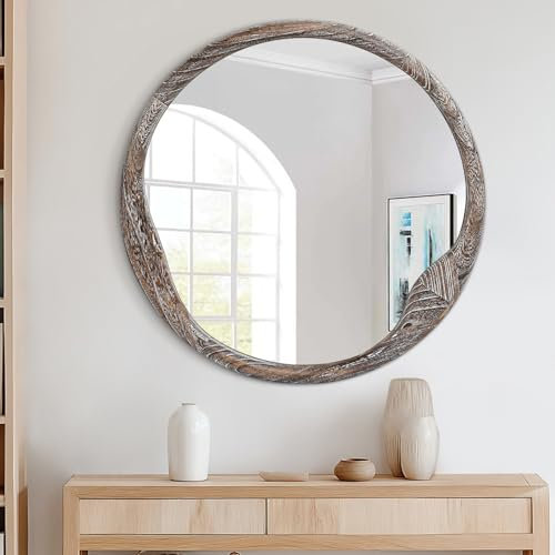 AOAOPQ Miroir de salle de bain en bois avec cadre rond pour salle de bain, chambre à coucher ou salon, 50,8 cm, marron