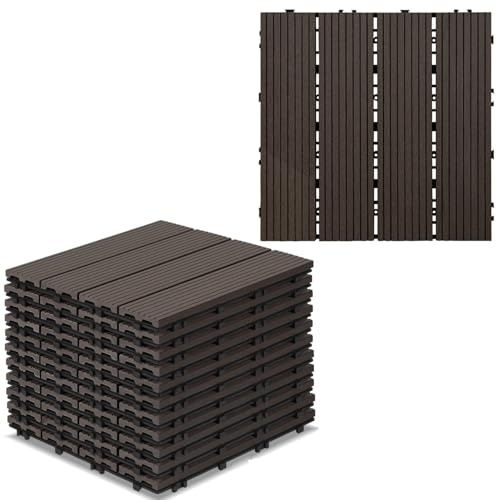 Gimisgu WPC Fliesen 30x30cm, WPC Terrassenfliesen Bodenbelag Klickfliesen Fliese, Wetterfest mit Drainagefunktion, Terrassendielen für Balkon Terrasse 110 Stück/10m², Coffee