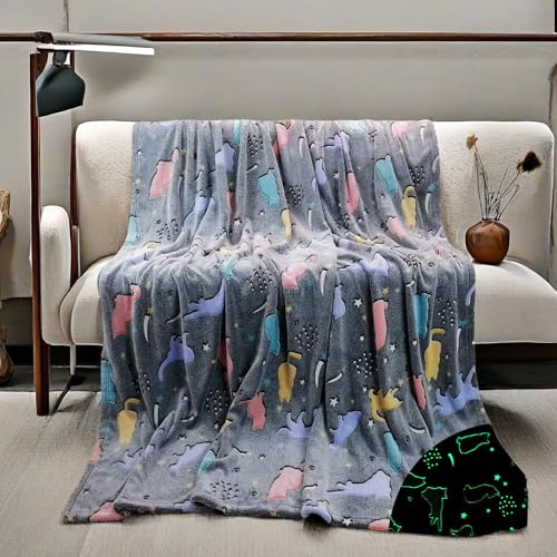 HSGLGNA Kuscheldecke Kinder Dinosaurier Decke Leuchtet im Dunkeln,Dinosaurier Muster Weiche Mikrofaser Flauschig Decke,Tolle Geschenke für Dino Liebhaber (Kätzchen-Grau, 150x200 cm)