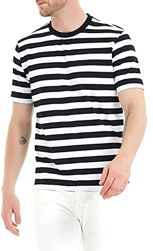 Casual Shirts Mens Short Sleeve Striped Black White Cotton Spandex Summer Holiday Travel Basic Pullover Crew Shirt
