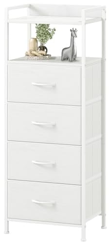 Somdot Kommode for Schlafzimmer, 4 Schubladen, offenes Regal, Weiß | Schrank, Komodenschrank, Stoffschubladen, Wohnzimmer, Metallrahmen, Holzwerkstoffplatte, Zuggriffe, 29T x 38,7B x 92,3H