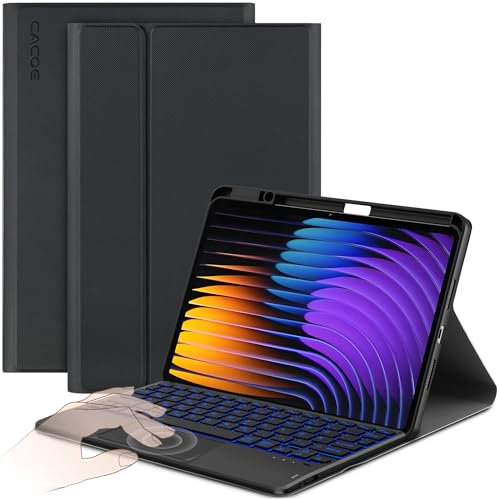 CACOE Hülle Tastatur Kompatibel mit Xiaomi Mi Pad 7/ Mi Pad 7 Pro (11.2 Zoll, 2025) mit Touchpad, [Deutsch] 7-Farbige Beleuchtung Abnehmbare Kabellose Tastatur, Schwarz