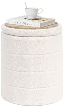 PINPLUS Puff con Almacenaje, Redondo Taburete Baúl Plegable con Tapa Reversible, 37x37x45 cm para Salón, Dormitorio y Pasillo, Blanco
