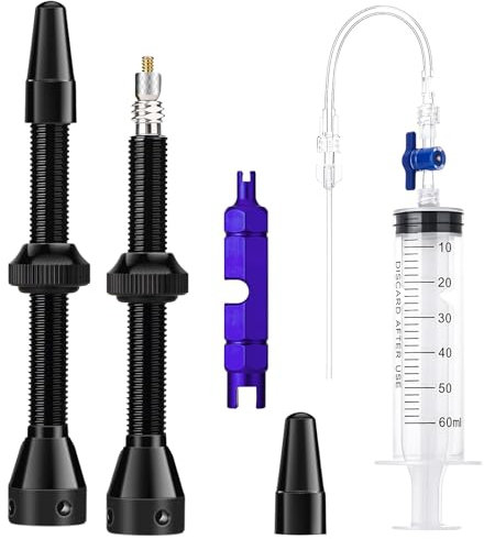 Xialvyu Tubeless Ventile Set,60mm Schwarz Aluminiumlegierungsschäfte für Presta Ventile mit Tubeless Spritze Ventileinsatz-Entfernungswerkzeug für MTB Rennrad Felgen