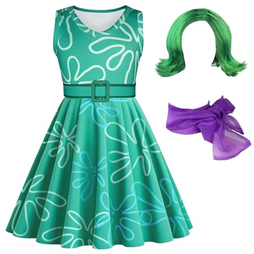 DiULi Déguisement Enfant Fille Complet avec Ceinture, Perruque et Foulard Décoratif,Deguisement Fille pour Fête d'anniversaire Halloween Carnaval, Costumes de Cosplay pour Enfant Fille,Vert,140CM