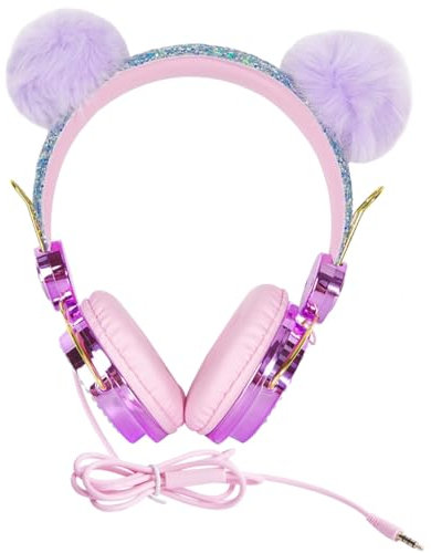 EXCEART Cuffie per Microfono e Palla Pelosa Glitterata Design Unicorno Materiale Resistente per Ragazze Compatibili con Smartphone e Computer