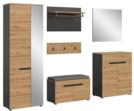 xonox.home - Garderobenkombination Canu 6tlg. 255x190x37 cm in Korpus Basalt grau Nb., Front Artisan Nb. - Garderobenschrank Garderobenmöbel Flurmöbel-Set Flursystem Stauraumlösung