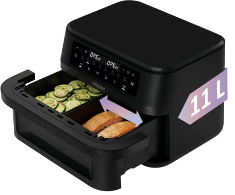 Haier Heißluftfritteuse Flex, 11 L Airfryer, 8in1: Frittieren, Grillen, Braten, Backen, Dörren, Aufwärmen, Auftauen, Slow Cooking, Sync-Funktion, Antihaftbeschichtung, spülmaschinenfest [HAF3ADW]