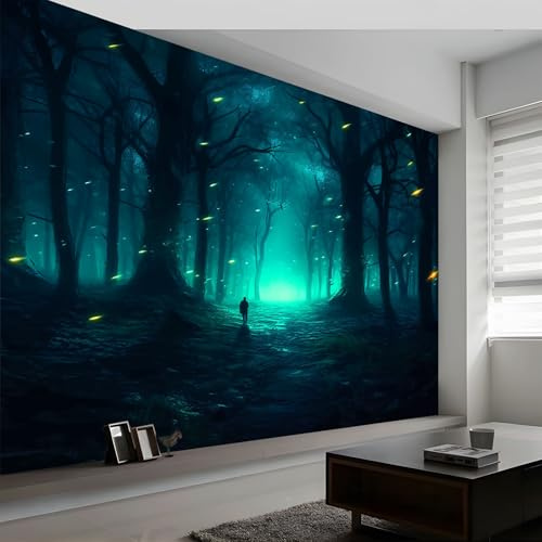 Fantasy-Kunst Vlies Fototapete 3D Effekt Türkisfarbene Waldglühwürmchen Moderne Fototapete, Bildtapete für Schlafzimmer Wohnzimmer Küche Kinderzimmer Wanddekoration 300 x 210 cm