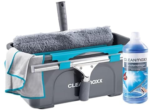 CLEANmaxx Fensterreiniger Set Professional, 13-tlg. | Profi Fensterputzer Set mit Abzieher - für Haus, Auto und Co. | inklusive Fensterwischer, Fensterabzieher, Eimer, Konzentrat, Mikrofasertuch etc.