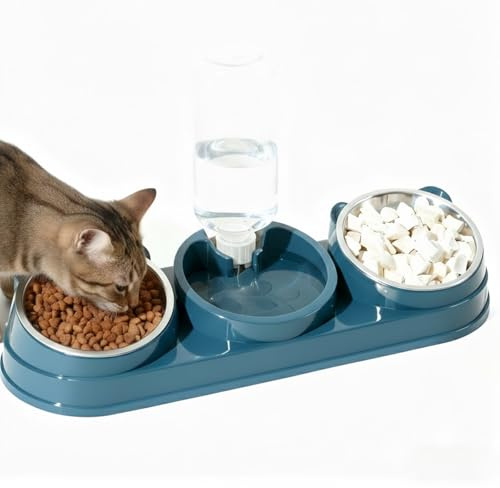 3-in-1 Cat Food and Water Bowl Set, Double Cat Food Bowls with Water Dispenser, Cat Bowls with Stand Tilted, 15° Tilted Stainless Steel Cat Bowl, Pet Feeding Station for Cats, Small Sized Dogs