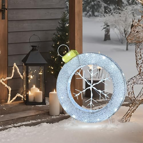 Hometopia LED Schneeflocke im Ring-Design mit LED-Blumenkranz – Leuchtende Weihnachtsdeko für Innen und Außen, B49 × T8 × H59 cm
