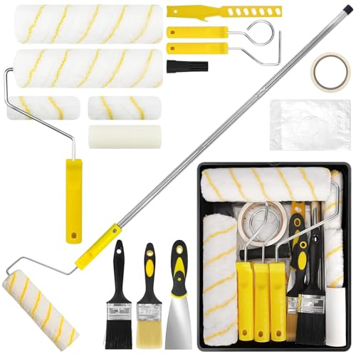 Farbroller Set mit Teleskopstange, 18-Teiliges Malerset mit 1.2m Teleskopstange, 23cm+11cm Malerrolle, Pinsel und Farbwanne, Farbroller Wandfarbe Malerrolle für Wand Decken