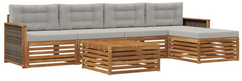 vidaXL Outdoor-Sofagarnitur mit Kissen 6 pcs Natürlich und Hellgrau, Patio-Sofa, modernes Eckset, wetterfester Gartenlounge, Bequeme Terrassenplätze für entspannte Zeiten