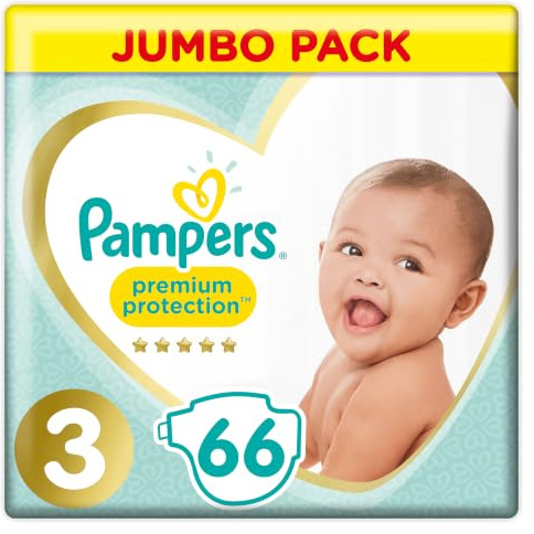 Pampers Premium Protection Size 3, 66 Nappies, 6-10kg, Jumbo Pack