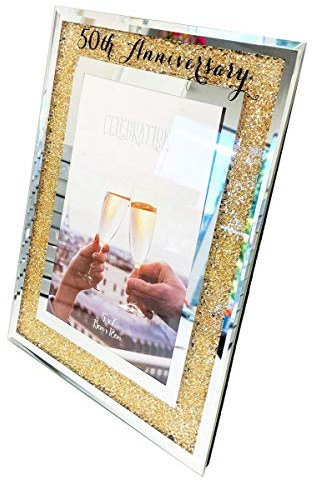50th Wedding Anniversary Photo Frame Golden Mirror Glass Crystal Diamante Gift