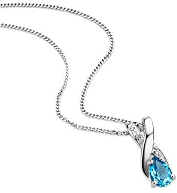 OROVI Schmuck Damen 0.01 Ct Diamant Halskette mit tropfen Anhänger Edelstein/Geburtsstein Topas in blau und Diamanten Brillanten Kette aus Weißgold 9 Karat / 375 Gold, länge 45 cm