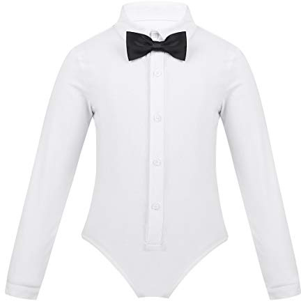 iEFiEL Jungen Ballett Trikot Latein Tanz Body Leotards Overall Kinder Gentleman Anzug Hemd Bluse Body mit Fliege Weiß 152