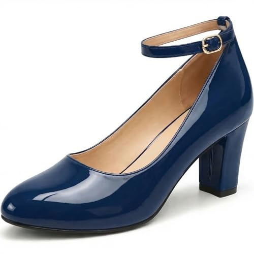 Womens Ladies Block Heel Ankle Strap Work Court Evening Dress Girls Shoes Pumps UK Size 3-12 (4 UK, Navy Patent)