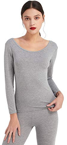Mcilia Women's Ultrathin Modal Thermal Baselayer Top Scoop Neck Long Sleeve Undershirt Grey Large (UK Size 16 18)