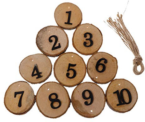 Yinuneronsty 10 Pcs Rond en Bois Naturel Rondelle Tranche D'écorce d'arbre 1-10 Numéros De Table pour Le Mariage Centre De Table Suspendus Décor