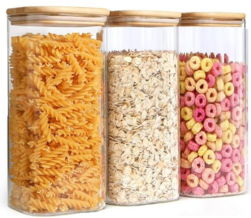 1500ml Glass Jars with Bamboo Lids, 3pcs Air Tight Kitchen Food Cereal Containers for Storage,Canister Set for Jam Pasta Spaghetti Tea Coffee Beans Cookie Snack Flour