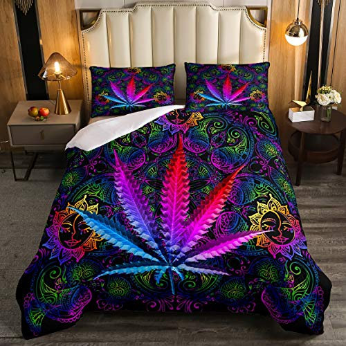 Loussiesd Boho Mandala 4-Jahreszeiten Bettdecke für Mädchen Jungen Teenager Marihuana Weed Bettdecke 155x220cm Cannabis Blätter Steppbett Lebendiges böhmisches exotisches Blumendekor Steppdecke