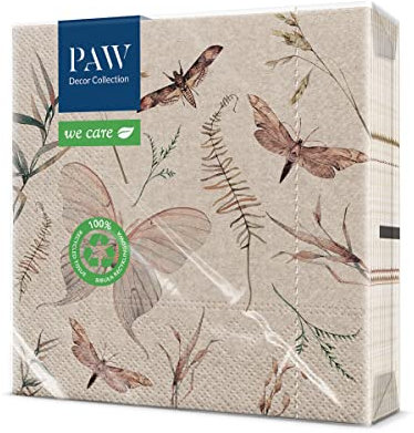 PAW - Servietten 3-lagig (33 x 33 cm) I 20 Stück I Perfekt für Geburtstage, Partys, Kommunion und Feiern I Papierservietten mit Natur Motiv I Umweltschutz, Motten I Moths