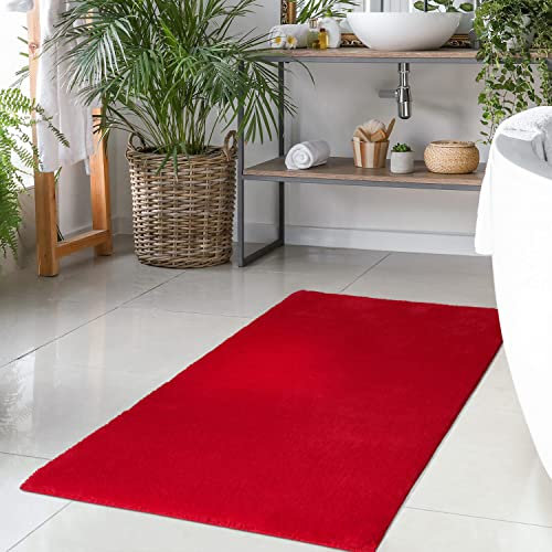 Badteppich Rot - 80x150 cm Einfarbig - Badematte rutschfest, waschbar, weich, saugfähig, schnelltrocknend - Badvorleger Hochflor Soft Touch Badezimmer