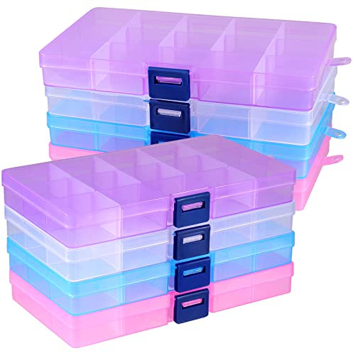 ZEONHEI 8 Pack 15 Grids Jewellery Organizer Bead Storage Box, Colorful Divider Plastic Earring Charms Storage Containers with Adjustable Compartments for Craft Sewing Diamond Art Screw
