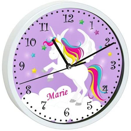 CreaDesign, Wanduhr Kinder personalisiert mit Name, Motiv Einhorn lila, Rahmen Wanduhr weiß, Ø 19,5 cm