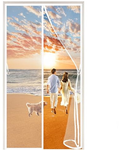 moustiquaire porte coulissante,MagnéTique Moustiquaire Porte-Rideaux Anti Mouche avec Bandes Magnétiques Fermeture Automatique-sans Percer-pour Porte d Entrée Intérieur/Patio 150 x 215 cm - Blanc A