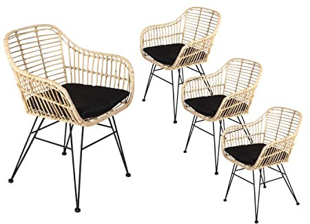 SAM 4er Set Rattanstuhl Antalya, Farbe Natur, inklusive Sitzkissen, Korbstuhl mit Metallfüßen, Geflechtstuhl/Eisenstuhl im Retro-Design, Esszimmerstuhl mit Armlehnen