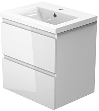 Biubiubath 600mm Bathroom Sink Unit with Basin Gloss White 2 Soft Close Drawers Wall Mounted Bathroom Suite with Vanity Unit Modern Handless Design
