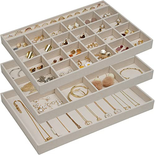 ProCase 3 Bandejas Organizadora para Joyería, Apilables para Cajón Tocador Armario, Exhibidor de Collares Pendientes Pulseras Anillos Relojes, Regalo Ideal para Mujeres y Niñas -Crema
