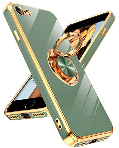 LeYi for iPhone SE 2022/2020/7/8 Case, Heavy Duty Protection Cover with Built-in Ring Holder - Shiny Plating Gold Edge, Silicone Lightweight Luxury Case, Green