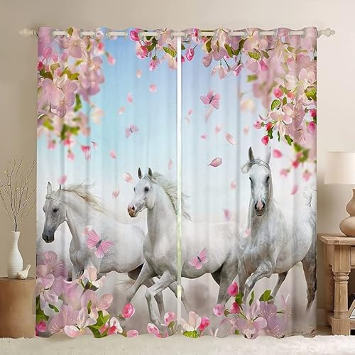 Verdunklungsvorhänge Vorhang Gardnien Blickdicht mit Ösen für Schlafzimmer Kinderzimmer, Thermogardinen Fenstervorhang Dekorative, 2er Set 175x140 cm (HxB) Weißes Pferd