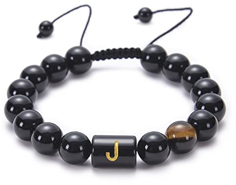 Aotiwe 2 Stück Bracelet Perlen, Armband Schwarz Verstellbare Perlen mit Buchstabe J Kristall 18cm mit Tigerauge