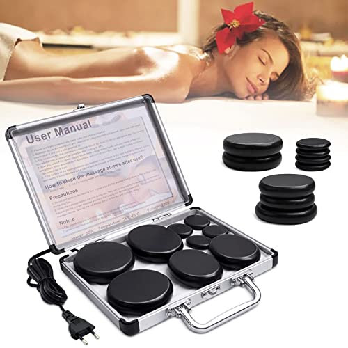Ricyea Hot Stone Massage Set, Lavasteine für Massage, 9 Stück Massagestein Basalt im Heizkoffer Tragbar, Geeignet für Privatanwender, Spa, Massagetherapy & Entspannung, Wellness Geschenk