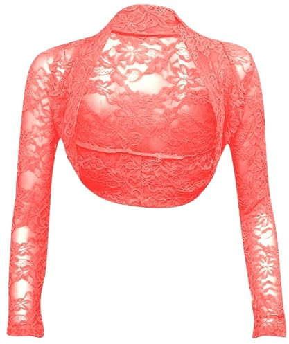 krautwear Bolero da donna a maniche lunghe Stola bolero giacca da sposa in pizzo nero bianco rosso beige blu rosa, Salmone al neon, 40/46 IT